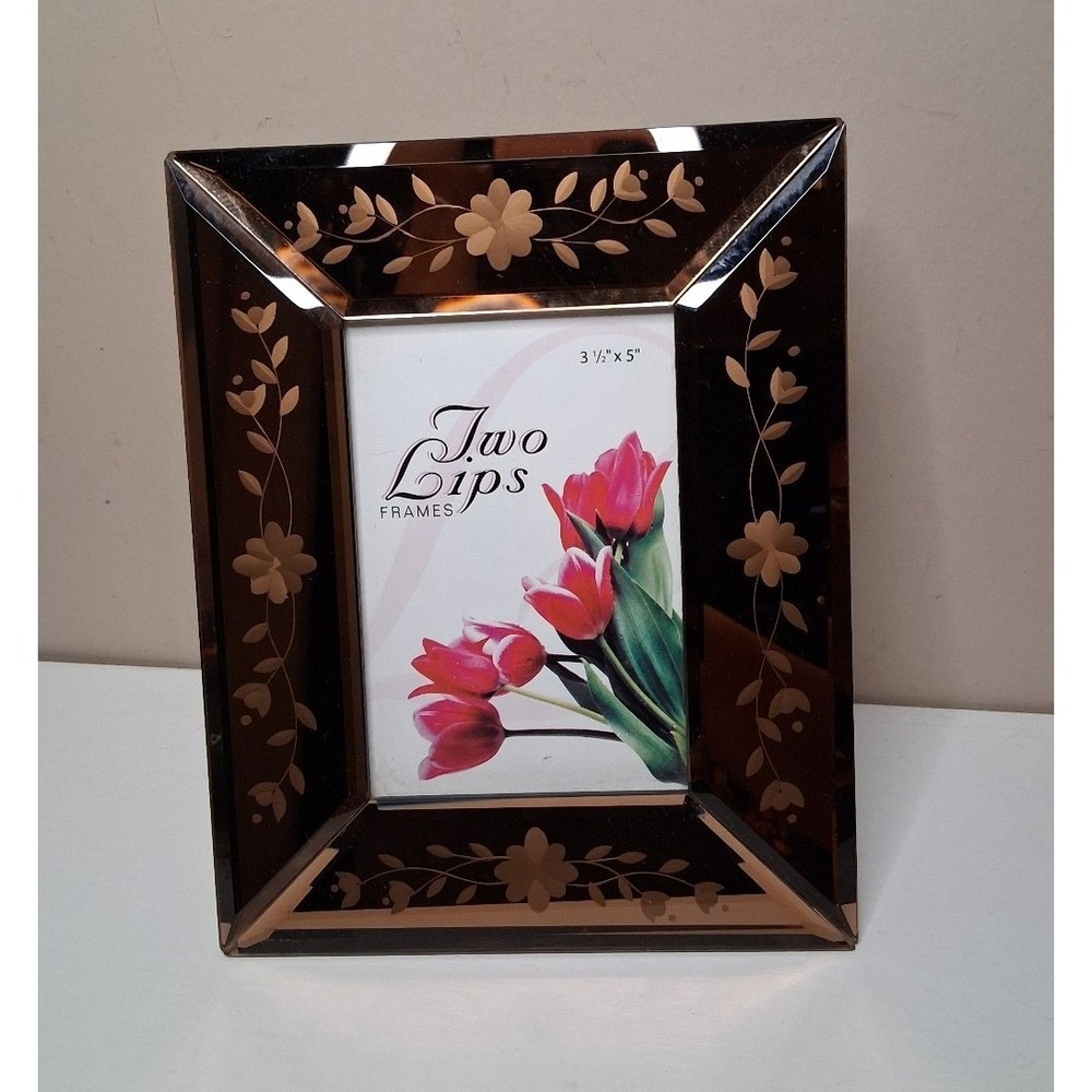 Two Lips Frames Beveled Mirrored Glass Picture Frame 3.5 x 5 Floral Etched Bronz